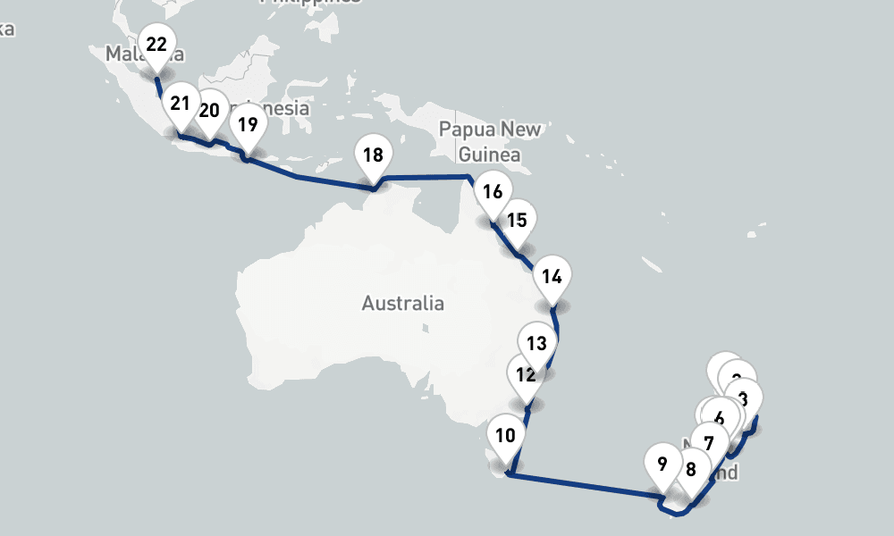 35 nights / 36 days, one-way from Auckland to Singapore