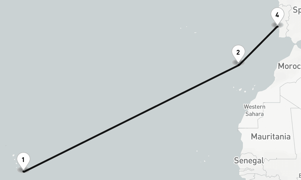 12 nights / 13 days, one-way from Bridgetown (Barbados) to Lisbon