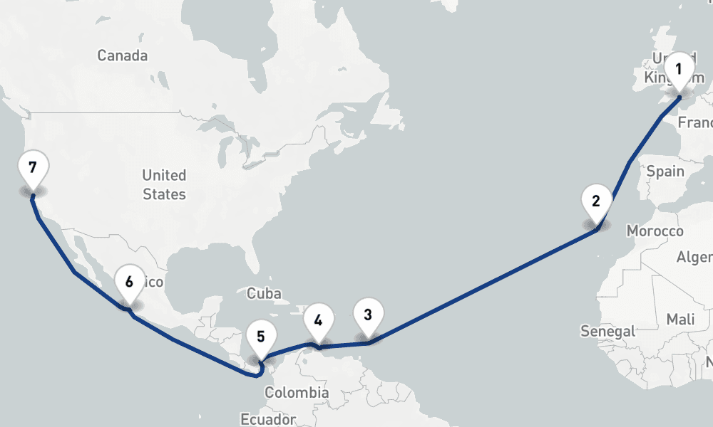 23 nights / 24 days, one-way from Southampton (England) to San Francisco (California)