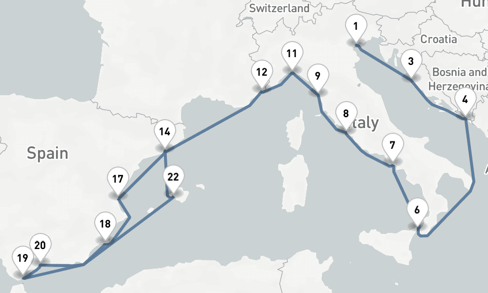 24 nights / 25 days, one-way from Venice to Barcelona