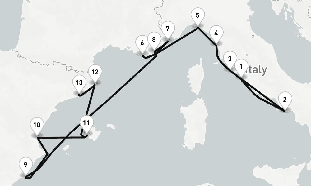 14 nights / 15 days, one-way from Civitavecchia (Rome, Italy) to Barcelona