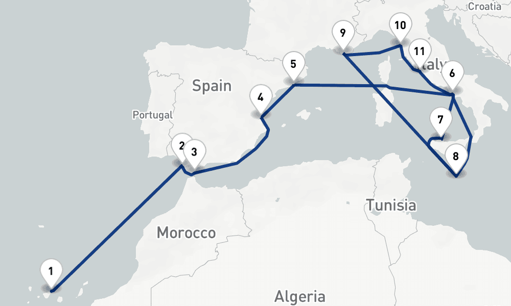 19 nights / 20 days, one-way from Santa Cruz de Tenerife (Canary Islands) to Valletta