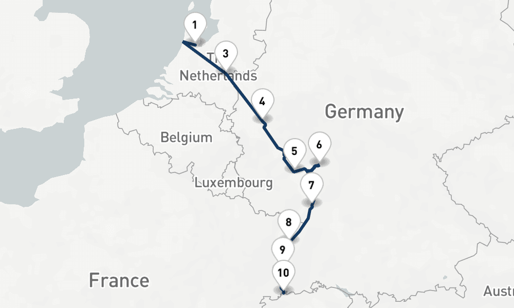 9 nights / 10 days, one-way from Amsterdam (Holland) to Basel