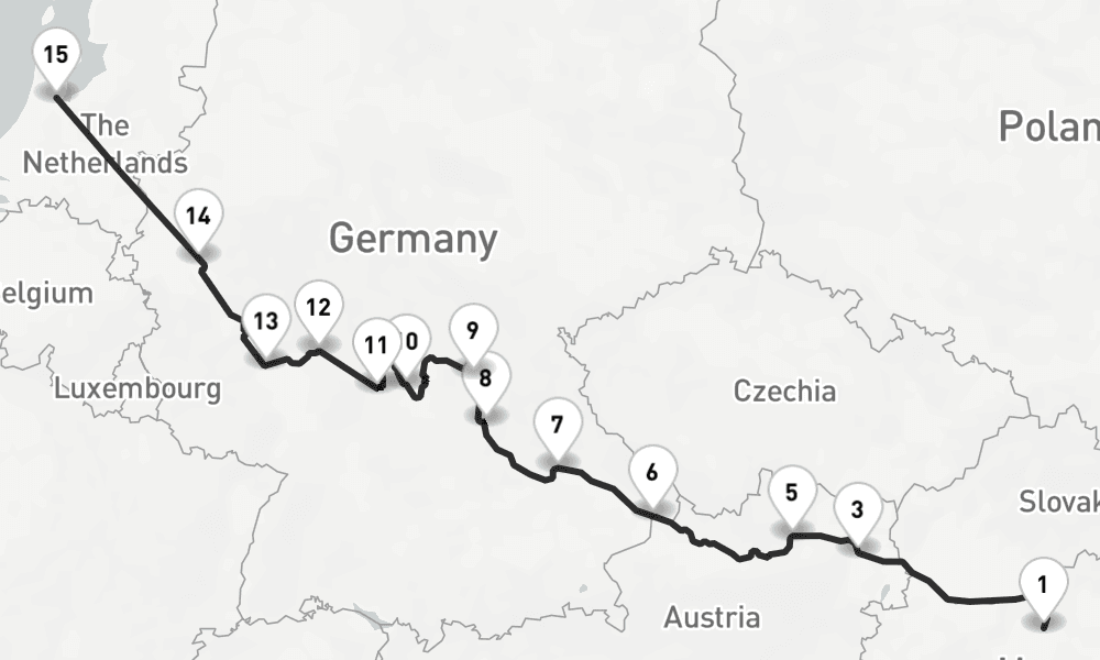 14 nights / 15 days, one-way from Budapest to Amsterdam (Holland)