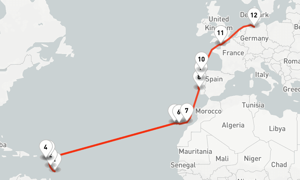 20 nights / 21 days, one-way from Bridgetown (Barbados) to Hamburg