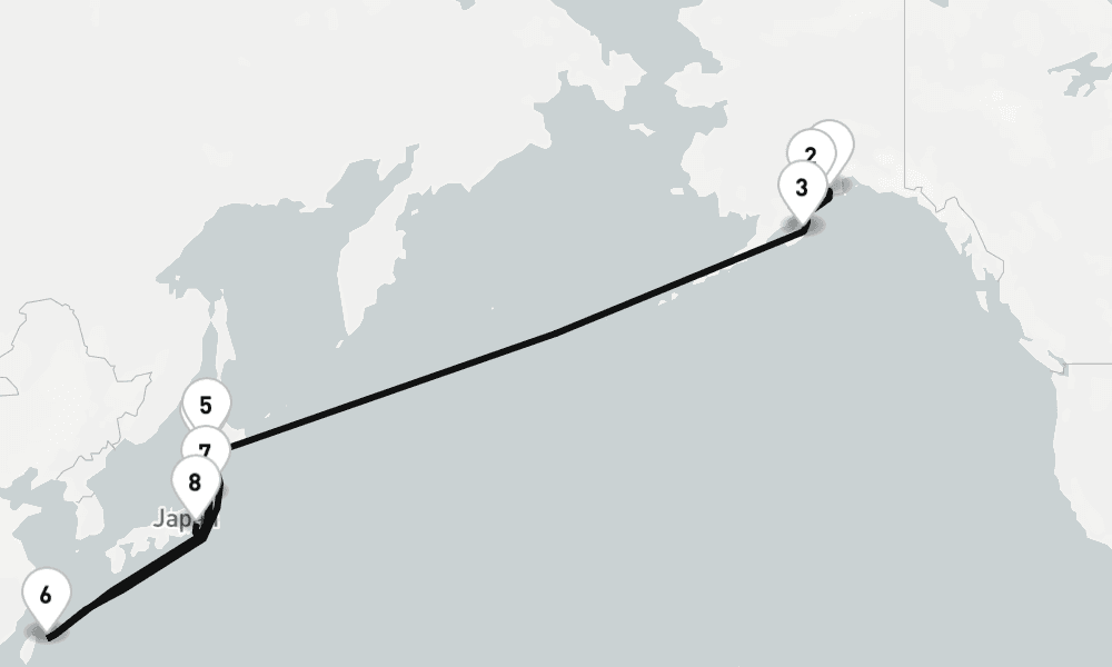 16 nights / 17 days, one-way from Seward (Alaska) to Tokyo