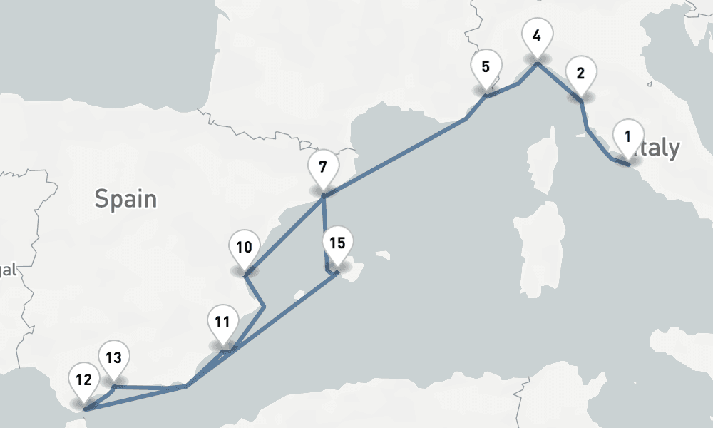 16 nights / 17 days, one-way from Civitavecchia (Rome, Italy) to Barcelona