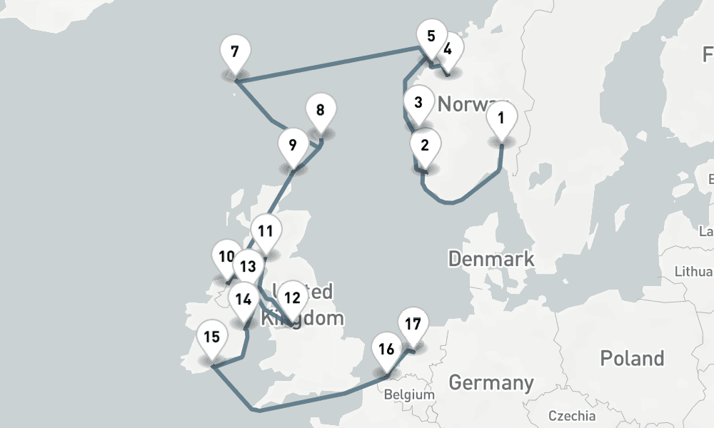 19 nights / 20 days, one-way from Oslo to Amsterdam (Holland)
