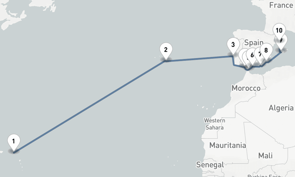 22 nights / 23 days, one-way from Philipsburg (St Maarten Island, Dutch Antilles) to Barcelona