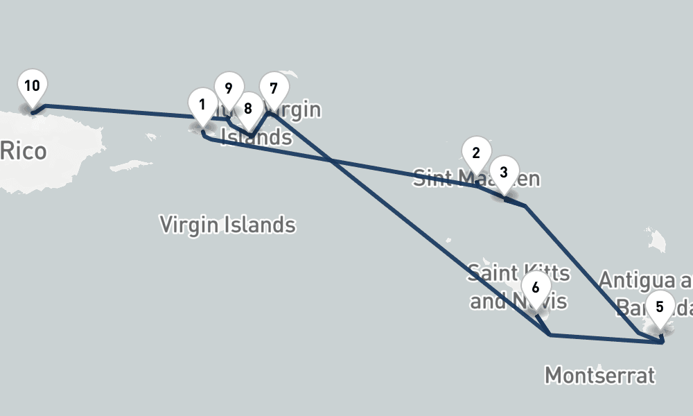 7 nights / 8 days, one-way from Saint Thomas Island (Charlotte Amalie, USVI) to San Juan (Puerto Rico)