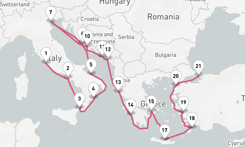 21 nights / 22 days, one-way from Civitavecchia (Rome, Italy) to Istanbul