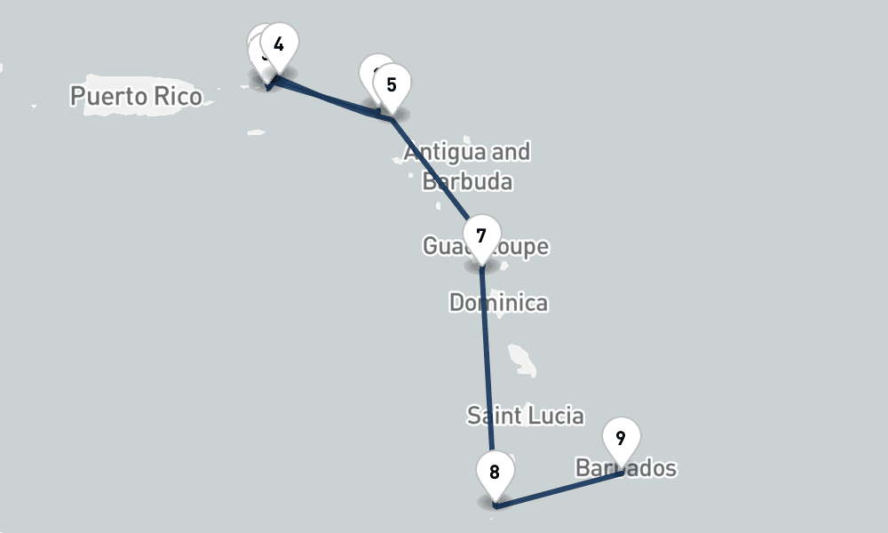 7 nights / 8 days, one-way from Philipsburg (St Maarten Island, Dutch Antilles) to Bridgetown (Barbados)