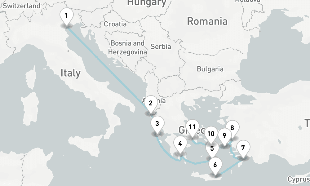 11 nights / 12 days, one-way from Venice to Piraeus (Athens, Greece)