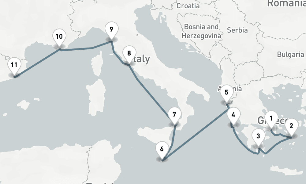 12 nights / 13 days, one-way from Piraeus (Athens, Greece) to Barcelona