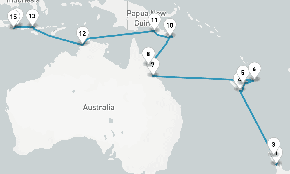 26 nights / 27 days, one-way from Auckland to Benoa (Bali, Indonesia)