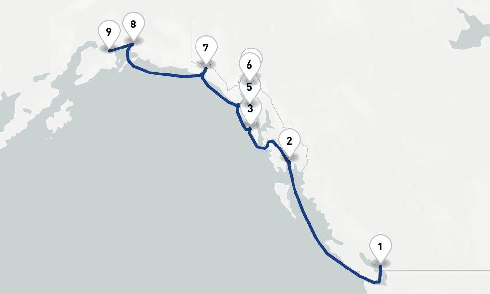 10 nights / 11 days, one-way from Vancouver (BC Canada) to Whittier (Alaska)