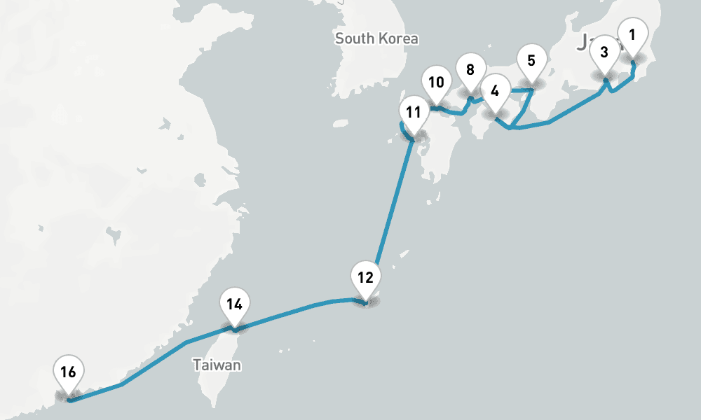 19 nights / 20 days, one-way from Tokyo to Hong Kong