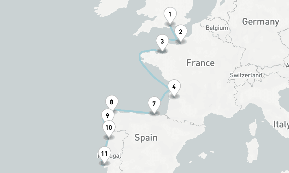 11 nights / 12 days, one-way from Portsmouth (England) to Lisbon