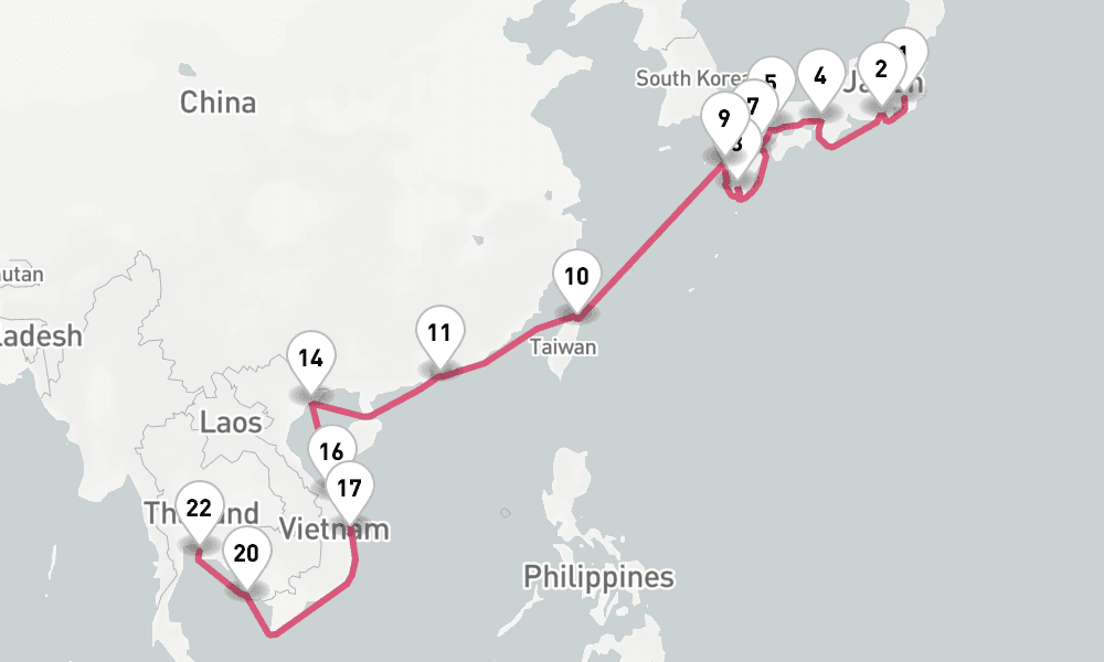 28 nights / 29 days, one-way from Tokyo to Laem Chabang (Bangkok, Thailand)