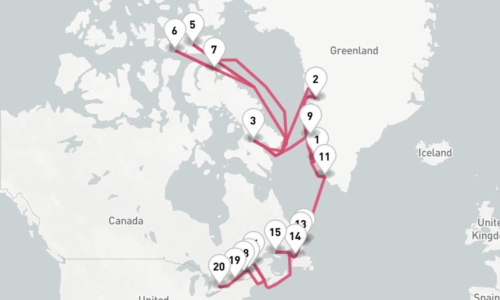 24 nights / 25 days, one-way from Nuuk (Greenland) to Toronto (Ontario)