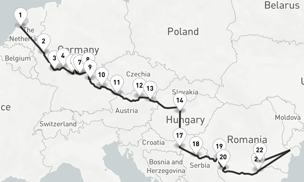 23 nights / 24 days, one-way from Amsterdam (Holland) to Bucharest