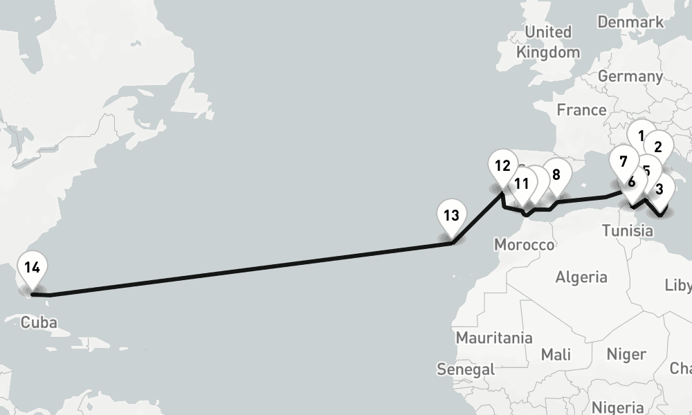 26 nights / 27 days, one-way from Civitavecchia (Rome, Italy) to Miami (Florida)