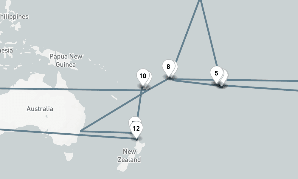 16 nights / 17 days, one-way from Papeete (Tahiti Island, French Polynesia) to Auckland