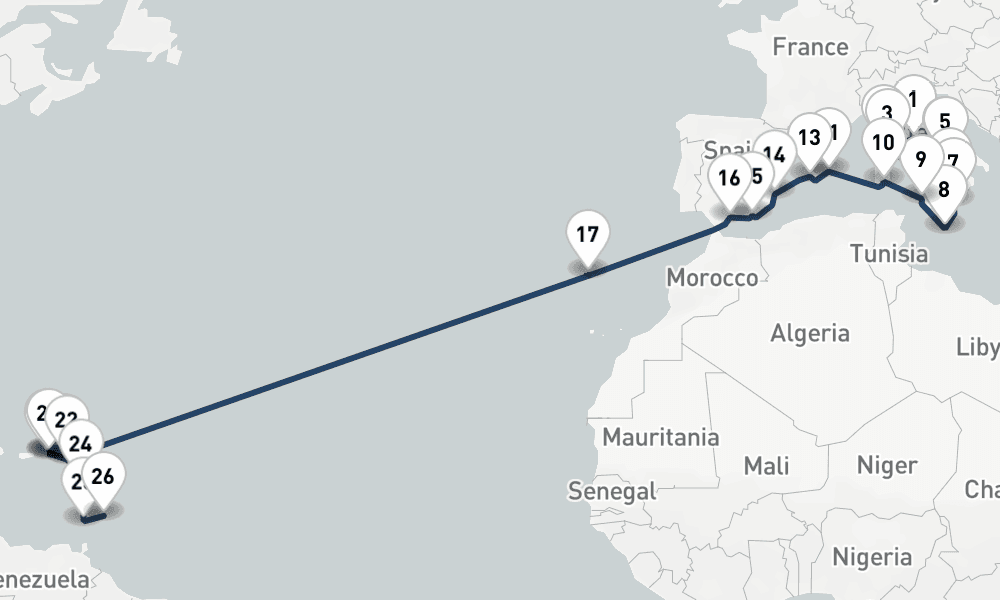 35 nights / 36 days, one-way from Civitavecchia (Rome, Italy) to Bridgetown (Barbados)