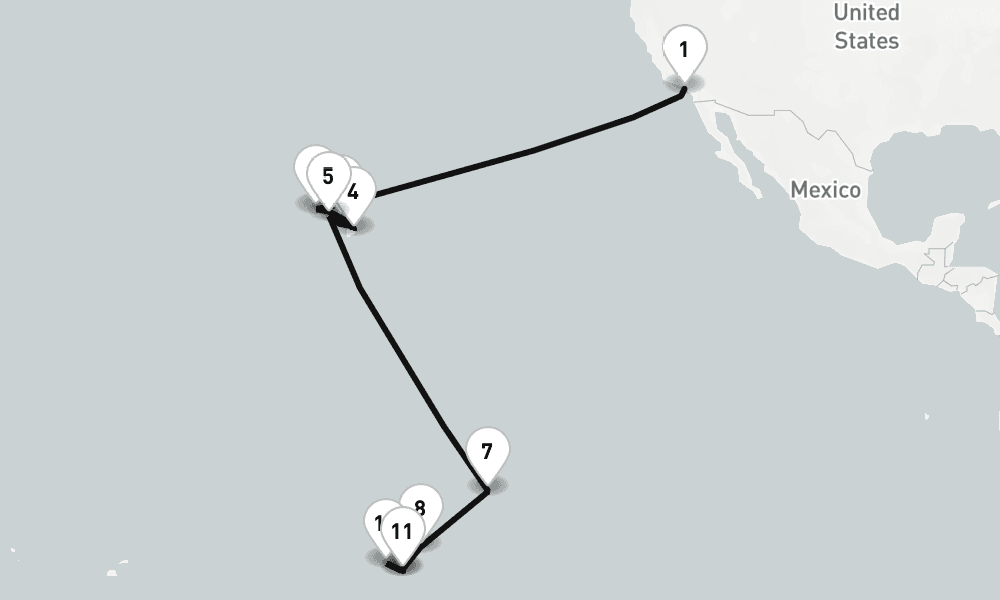 22 nights / 23 days, one-way from Los Angeles (San Pedro / Long Beach) to Papeete (Tahiti Island, French Polynesia)