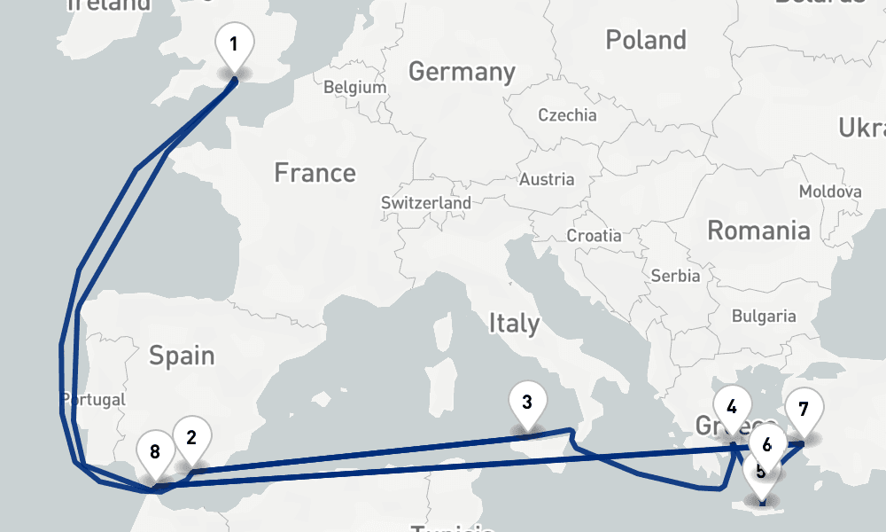 19 nights / 20 days, Southampton (England) Round trip