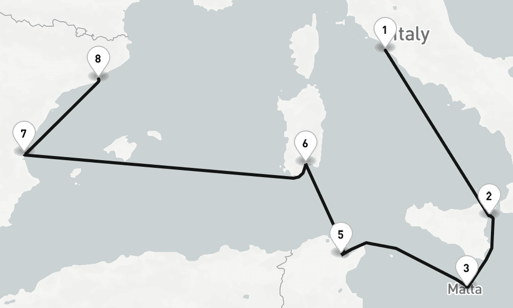 9 nights / 10 days, one-way from Civitavecchia (Rome, Italy) to Barcelona