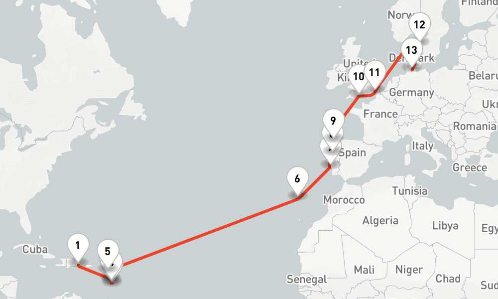 22 nights / 23 days, one-way from La Romana (Dominican Republic) to Kiel
