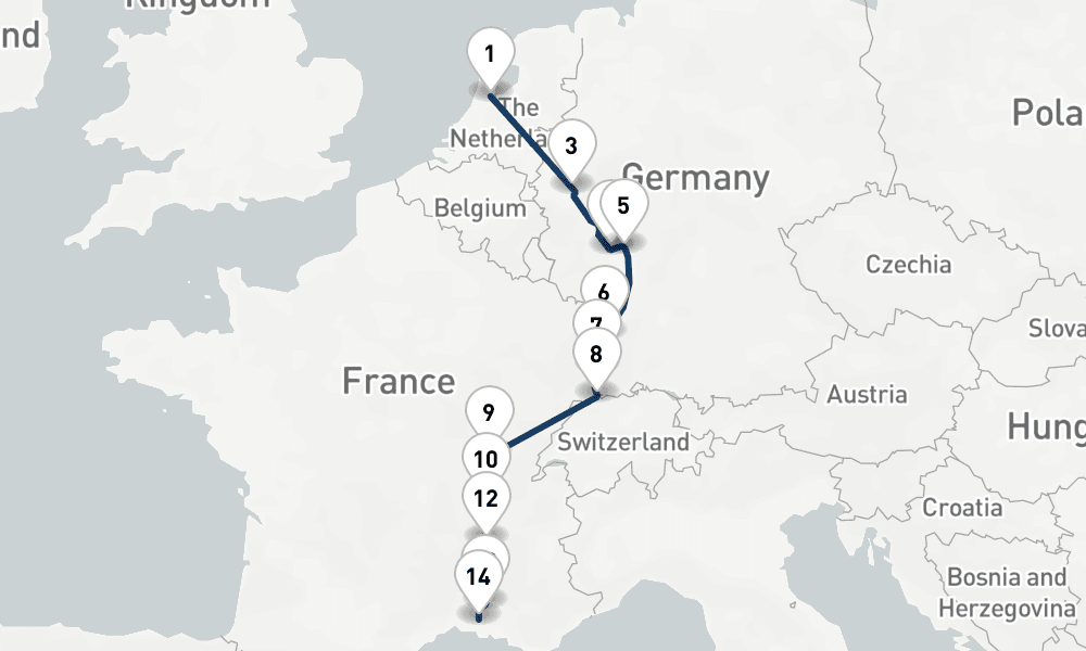 14 nights / 15 days, one-way from Amsterdam (Holland) to Arles