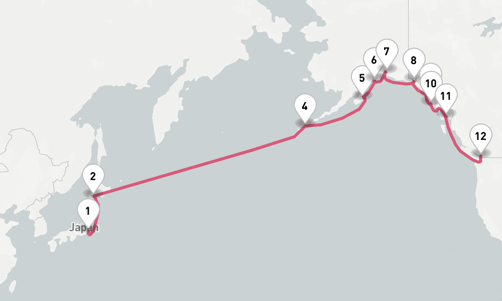21 nights / 22 days, one-way from Tokyo to Vancouver (BC Canada)