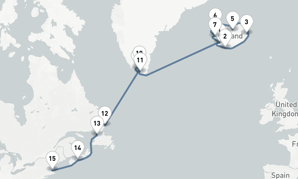 21 nights / 22 days, one-way from Reykjavik to Boston (Massachusetts)