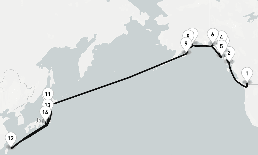 23 nights / 24 days, one-way from Vancouver (BC Canada) to Tokyo