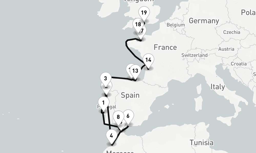 22 nights / 23 days, one-way from Lisbon to Southampton (England)