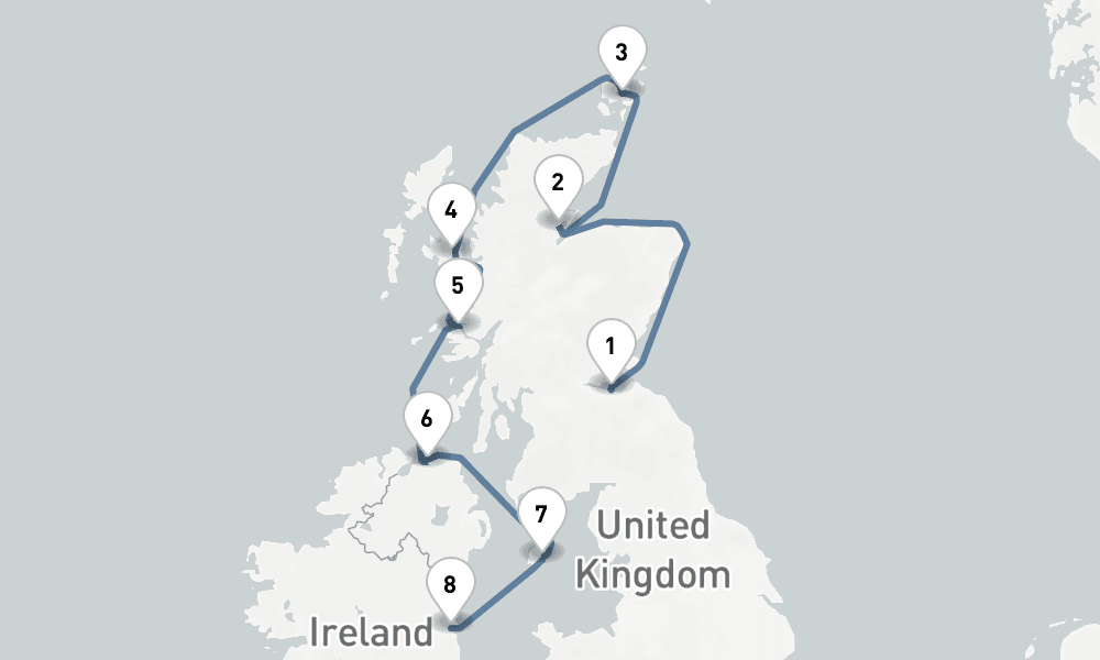 8 nights / 9 days, one-way from Edinburgh (Leith, Scotland) to Dublin