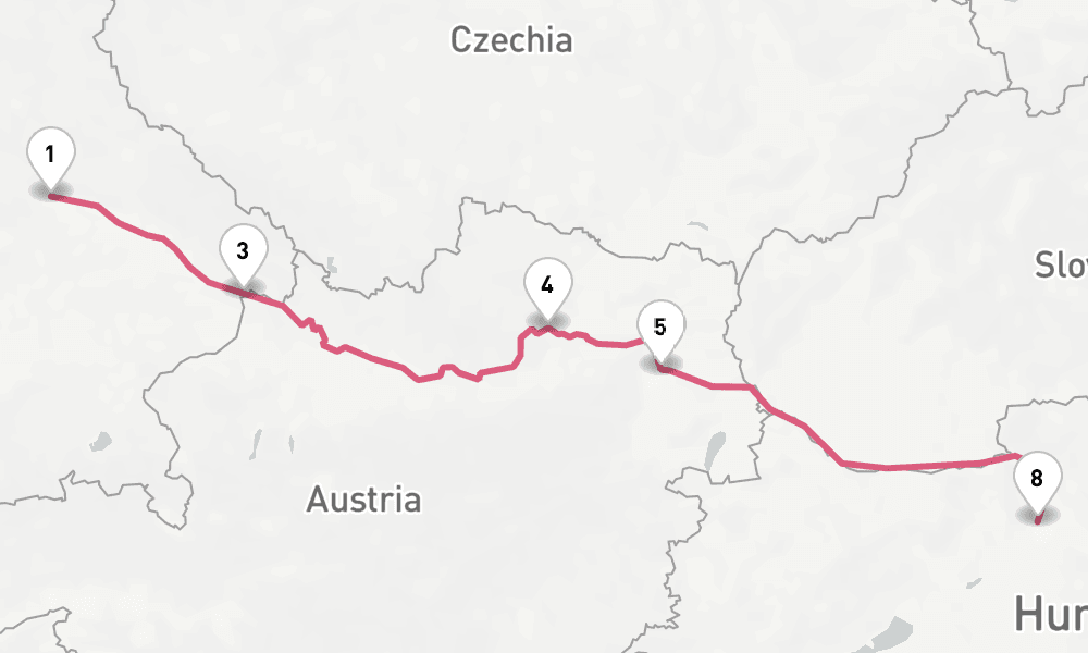 7 nights / 8 days, one-way from Regensburg to Budapest