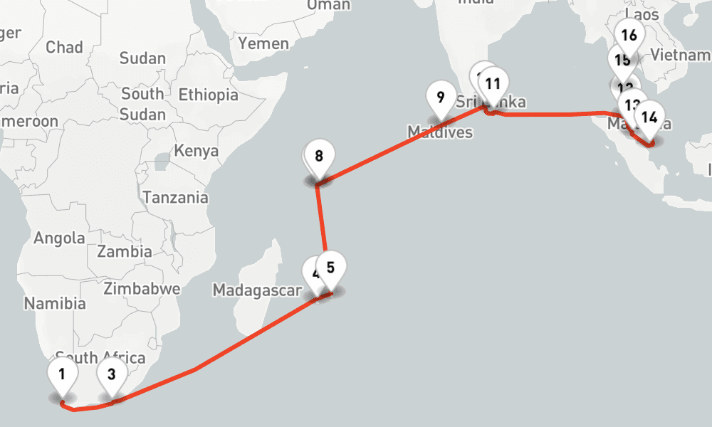 31 nights / 32 days, one-way from Cape Town to Laem Chabang (Bangkok, Thailand)