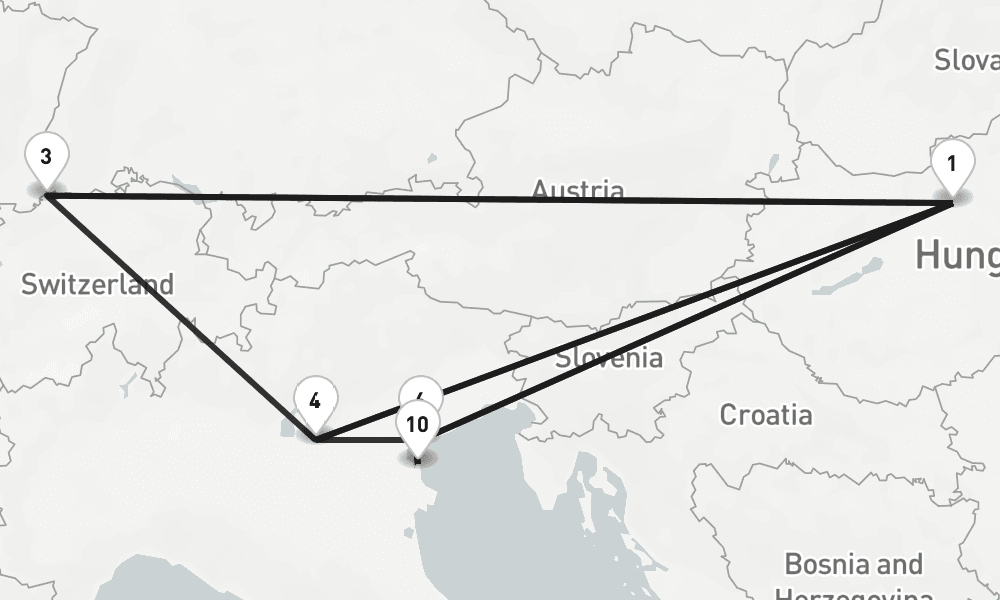 15 nights / 16 days, one-way from Budapest to Venice