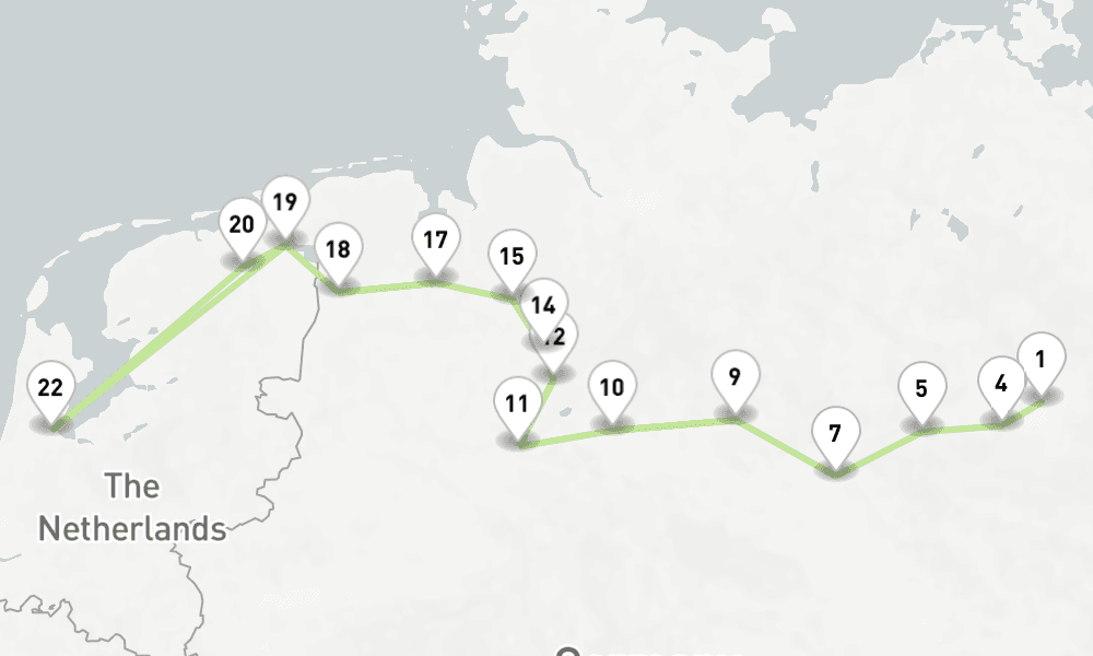 11 nights / 12 days, one-way from Berlin to Amsterdam (Holland)