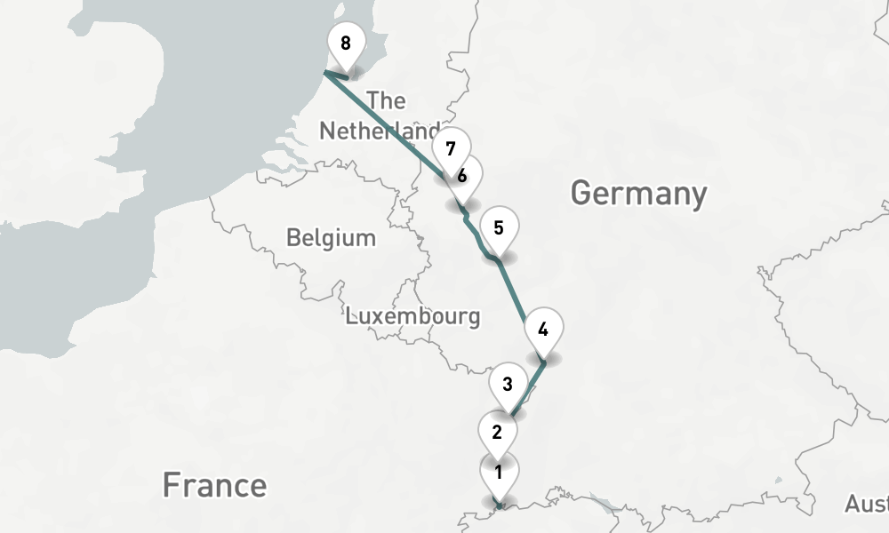 7 nights / 8 days, one-way from Basel to Amsterdam (Holland)