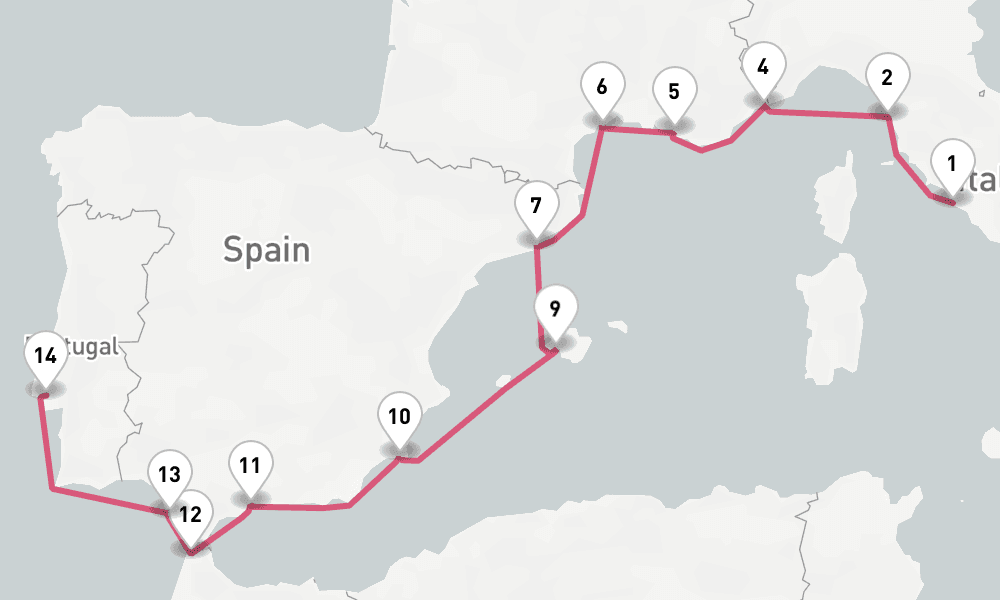 14 nights / 15 days, one-way from Civitavecchia (Rome, Italy) to Lisbon