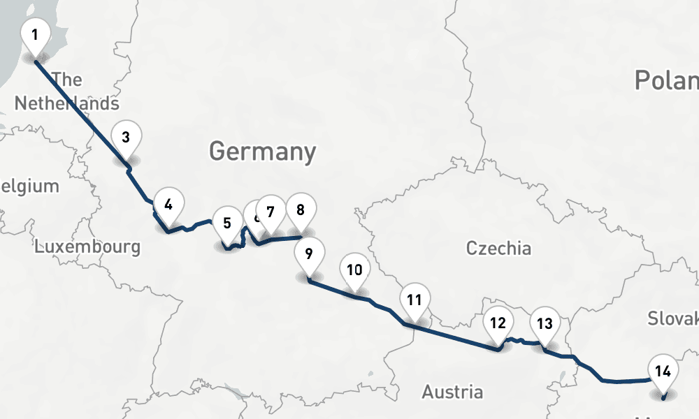 14 nights / 15 days, one-way from Amsterdam (Holland) to Budapest