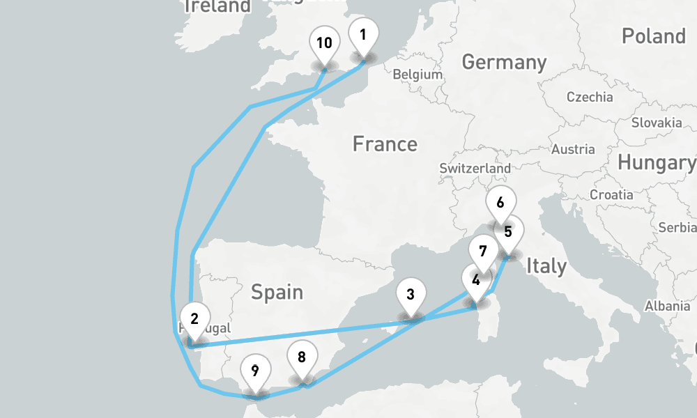 17 nights / 18 days, one-way from Dover (England) to Portsmouth (England)