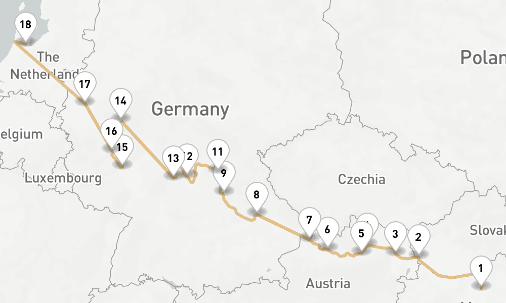 13 nights / 14 days, one-way from Budapest to Amsterdam (Holland)
