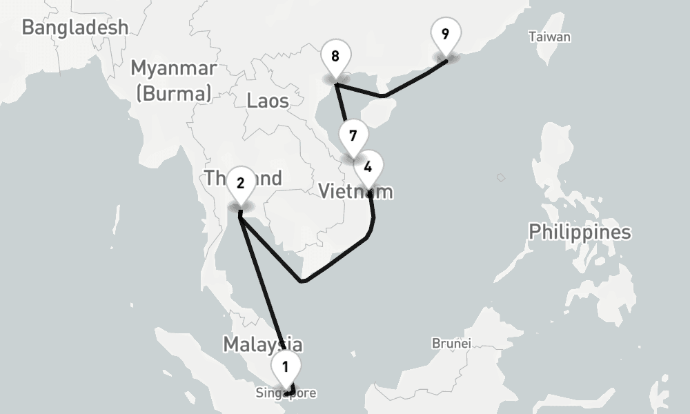 14 nights / 15 days, one-way from Singapore to Hong Kong