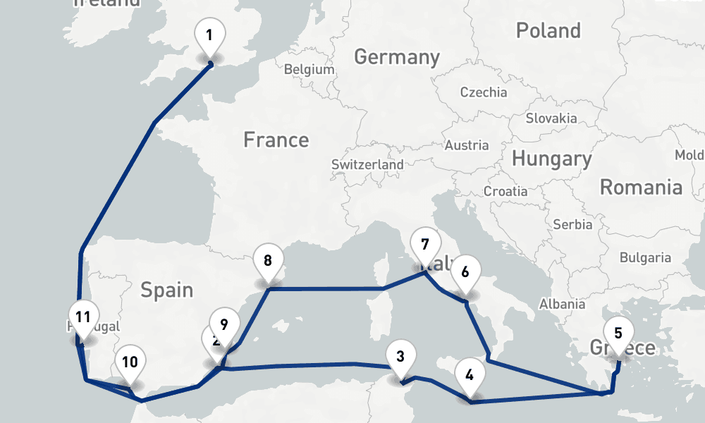 21 nights / 22 days, Southampton (England) Round trip