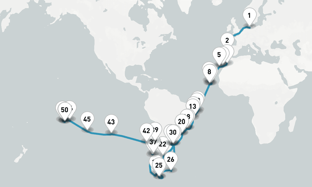94 nights / 95 days, one-way from Hamburg to Papeete (Tahiti Island, French Polynesia)